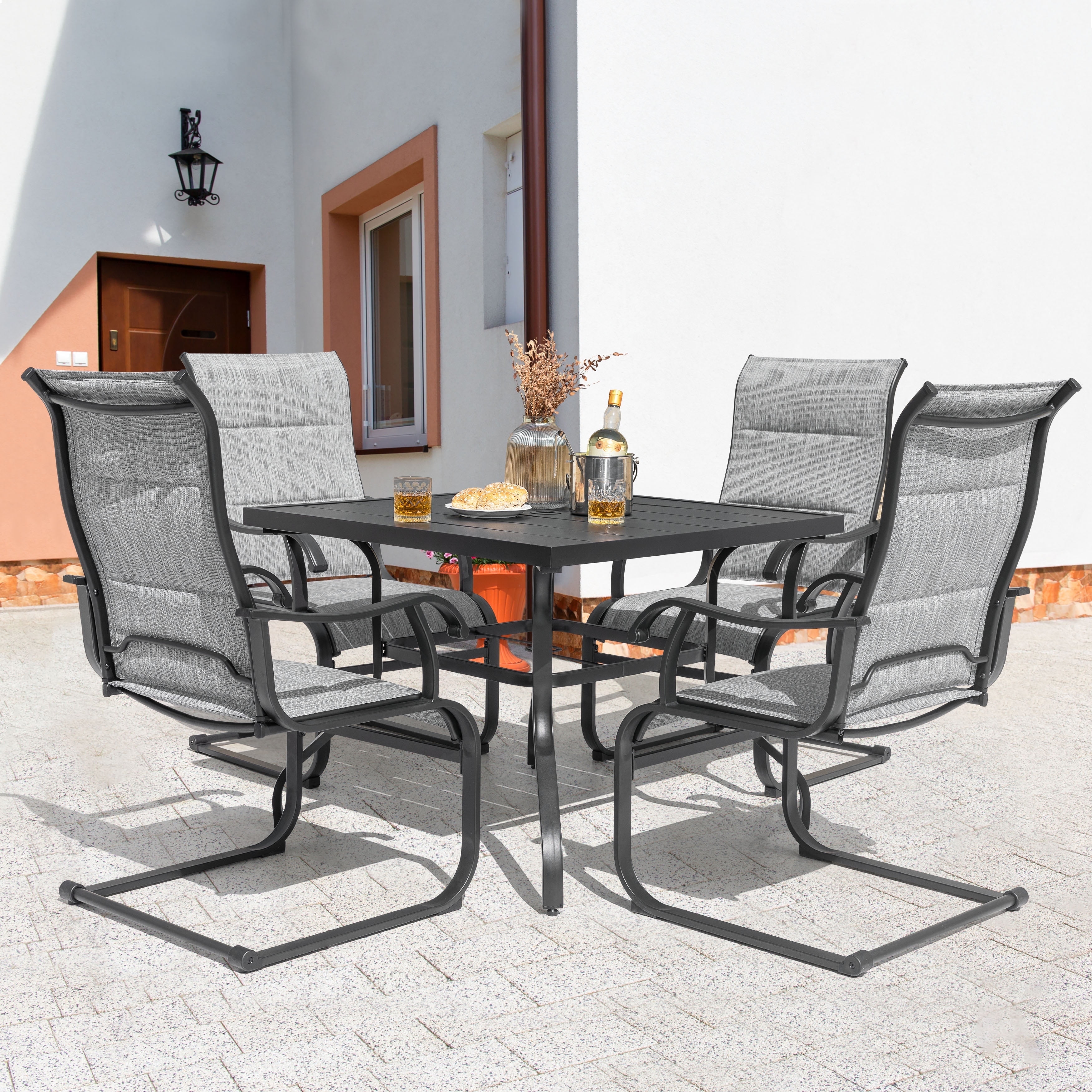 Nuu Garden 5-Piece Outdoor Patio Dining Set with Padded Textilene Chairs & Metal Steel Square Dining Table for 4-Person, Light Gray - Walmart.com