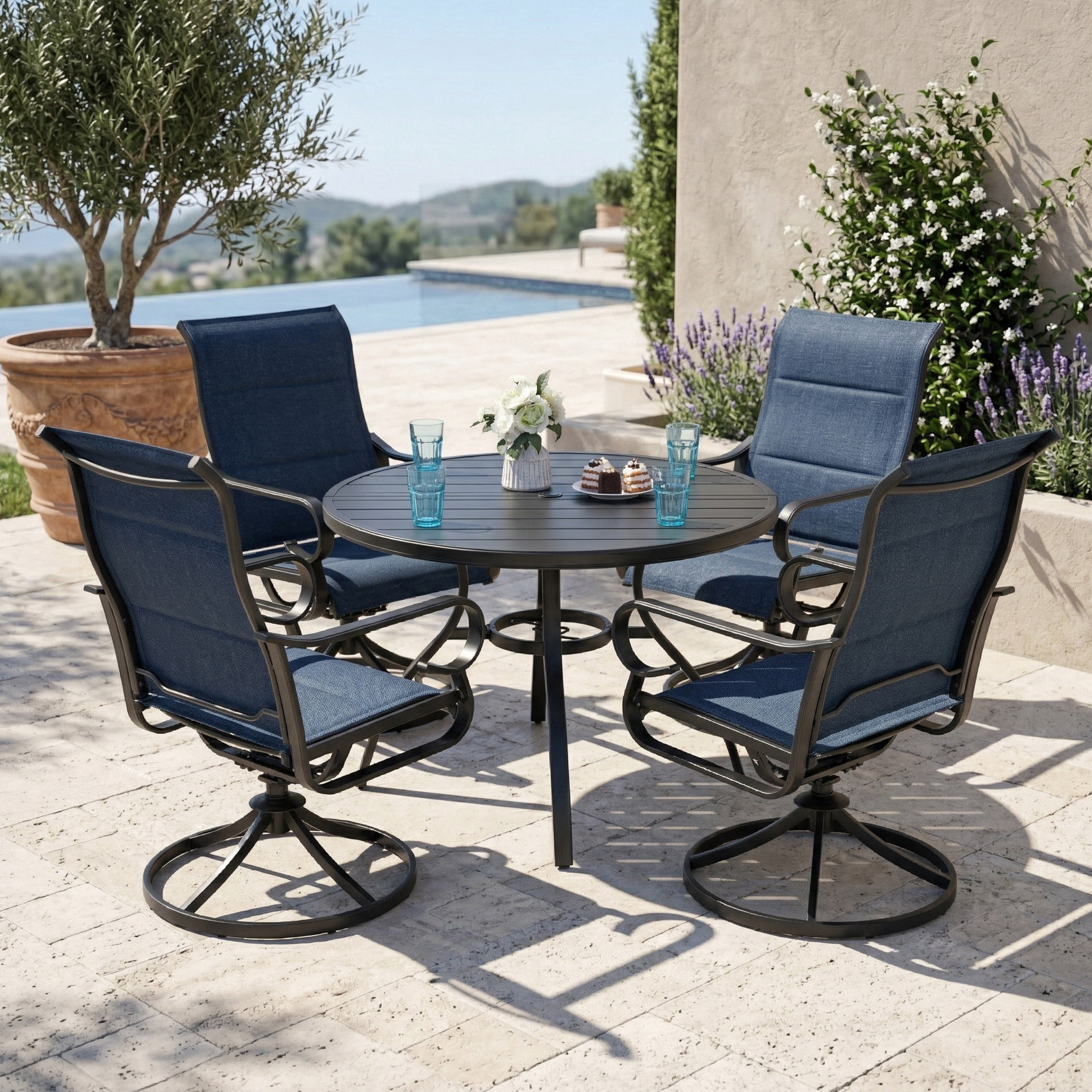 Nuu Garden 5-Piece Outdoor Dining Set, Padded Textilene Patio Table and Chair Set with Swivel Base, Outdoor Furniture Set with Umbrella Hole, Patio Dining Table Set for Garden, Backyard,  Blue