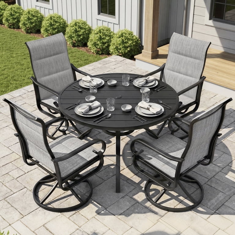 5 pcs patio dining chair set with umbrella hole UDPATIO Piece Table Sets, Outdoor HDPE Dining Furniture The ELPOSUN patio dining sets provide a wonderful gathering time with friends and family in your garden MAISON ARTS Outdoor 5 Pieces