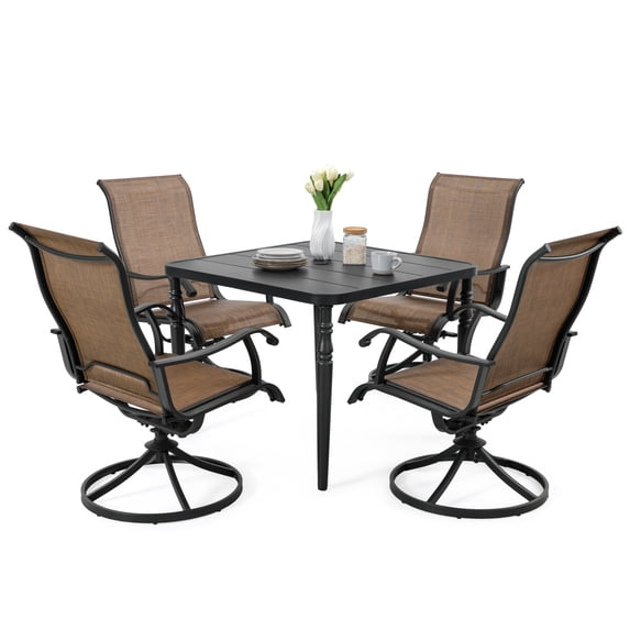 Nuu Garden 5-Piece Outdoor Dining Table Set, 37” Metal Dining Table with Umbrella Hole & 4pcs Patio Swivel Rocking Textilene Chairs, All-Weather Patio Outdoor Furniture, Black and Brown