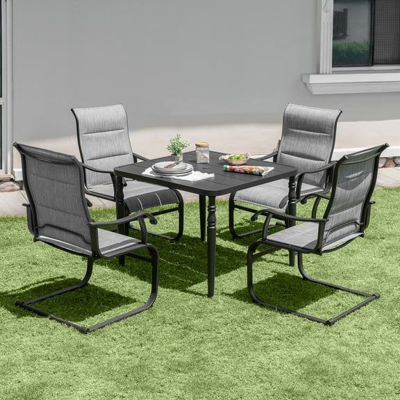 Nuu Garden 5-Piece Outdoor Dining Table Set, 37" Square Metal Table with Umbrella Hole and 4PCS C-Spring Motion Padded Textilene Metal Chairs. All-Weather Patio Outdoor Furniture, Light Grey&Black