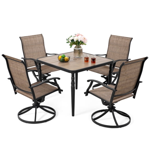 Nuu Garden 5-Piece Outdoor Dining Table Set for 4, Metal Square Table with Umbrella Hole and Wood-Grain Tabletop & 4PCS Patio Swivel Rocking Textilene Chairs, Black and Brown