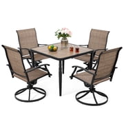 Nuu Garden 5-Piece Outdoor Dining Table Set for 4, Metal Square Table with Umbrella Hole and Wood-Grain Tabletop & 4PCS Patio Swivel Rocking Textilene Chairs, Black and Brown
