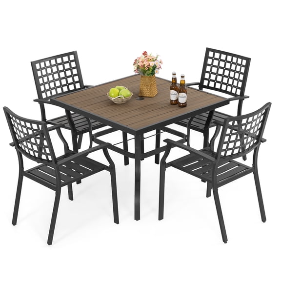 Nuu Garden 5-Piece Outdoor Dining Table Set, 4 Stackable Chairs & 37" Square Table with Umbrella Hole and Faux Wood Tabletop, All-Weather Patio Outdoor Furniture for Backyard, Yard, Garden, Black