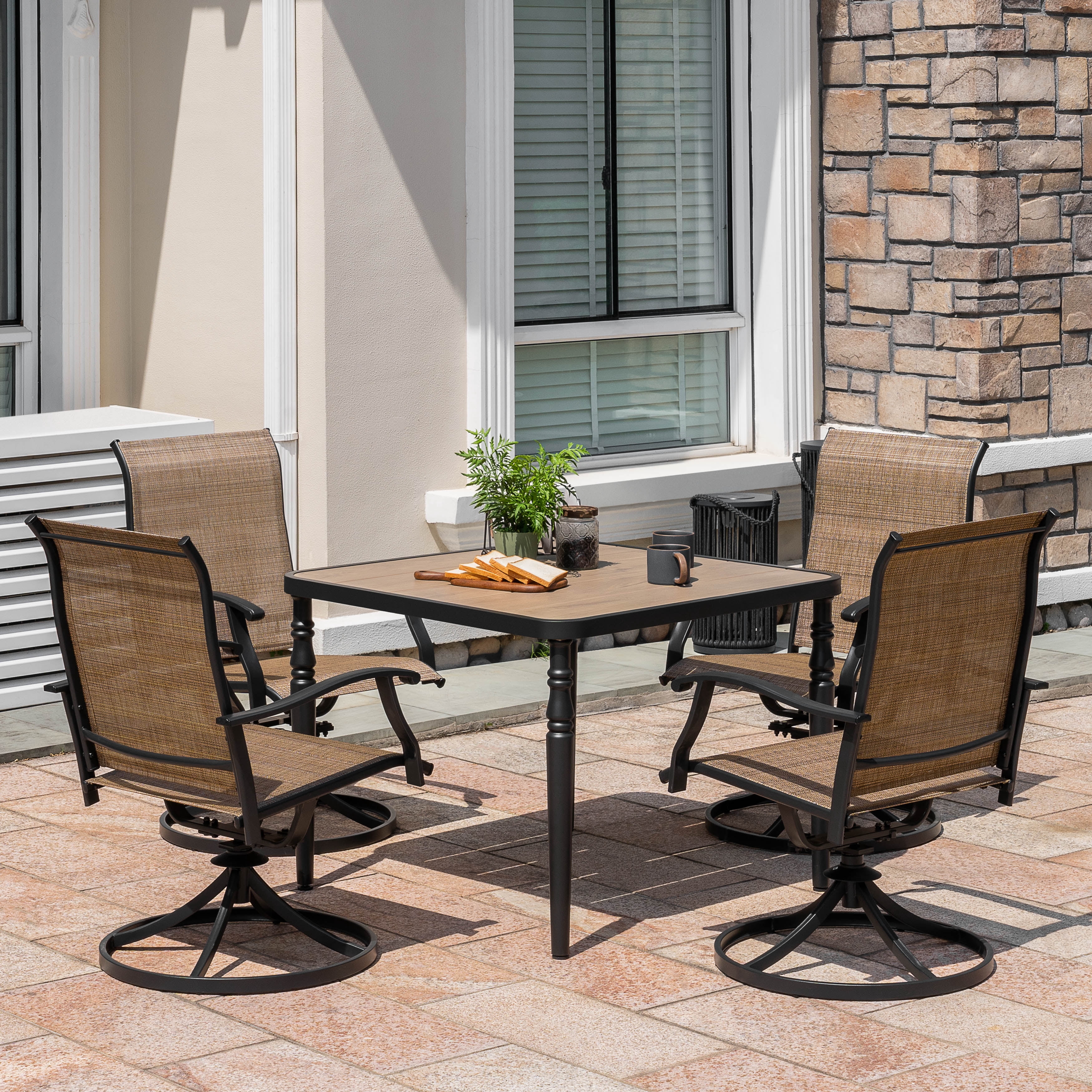 Nuu Garden 5-Piece Outdoor Dining Table Set, 4 Textilene Swivel Chairs & 37" Square Table with Umbrella Hole and Faux Wood Tabletop, All-Weather Patio Outdoor Furniture, Black and Brown