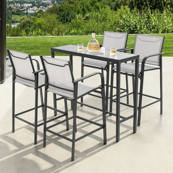 Nuu Garden 5-Piece Outdoor Iron Bar Set with 4 Textilene High Bar Stools and 1 Rectangular Bar Table, Curved Armrests, For Patio Deck Sunroom Garden, Black and Gray