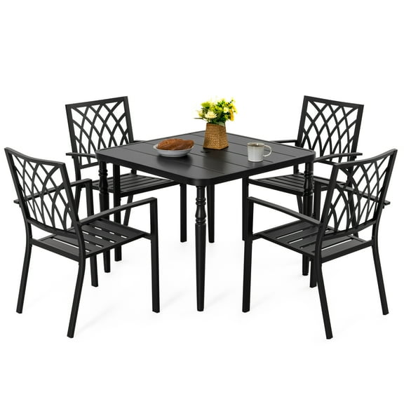Nuu Garden 5-Piece Outdoor Metal Dining Set, 4 Stackable Wide Seat Chairs and 1 Square 37" Dining Table With Umbrella Hole, All-Weather Patio Furniture Set, Black