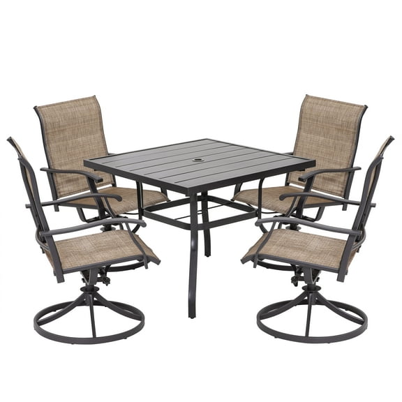 Nuu Garden 5 Piece Outdoor Patio Dining Set, Metal Patio Furniture Set 4 Textilene Swivel Chairs and 37" Square Iron Umbrella Dining Table,Black and Brown