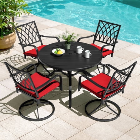 Nuu Garden 5-Piece Outdoor Patio Dining Set with Swivel Dining Chairs with Soft Cushions and 41'' Round Metal Dining Table with Umbrella Hole, All Weather Patio Dining Furniture Set, Black and Red