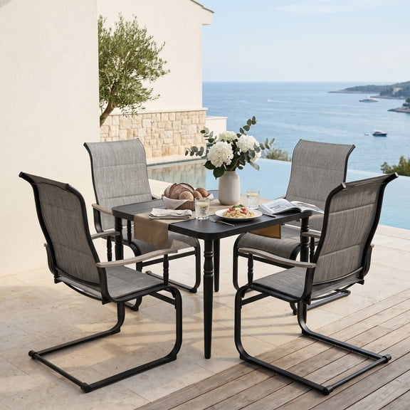 Nuu Garden 5-Piece Outdoor Patio Dining Set with Umbrella Hole, Outdoor Patio Table Set with Padded Textilene C-Spring Motion Chairs, Wood-Grain Armrests, All-Weather Outdoor Furniture, Grayish Brown