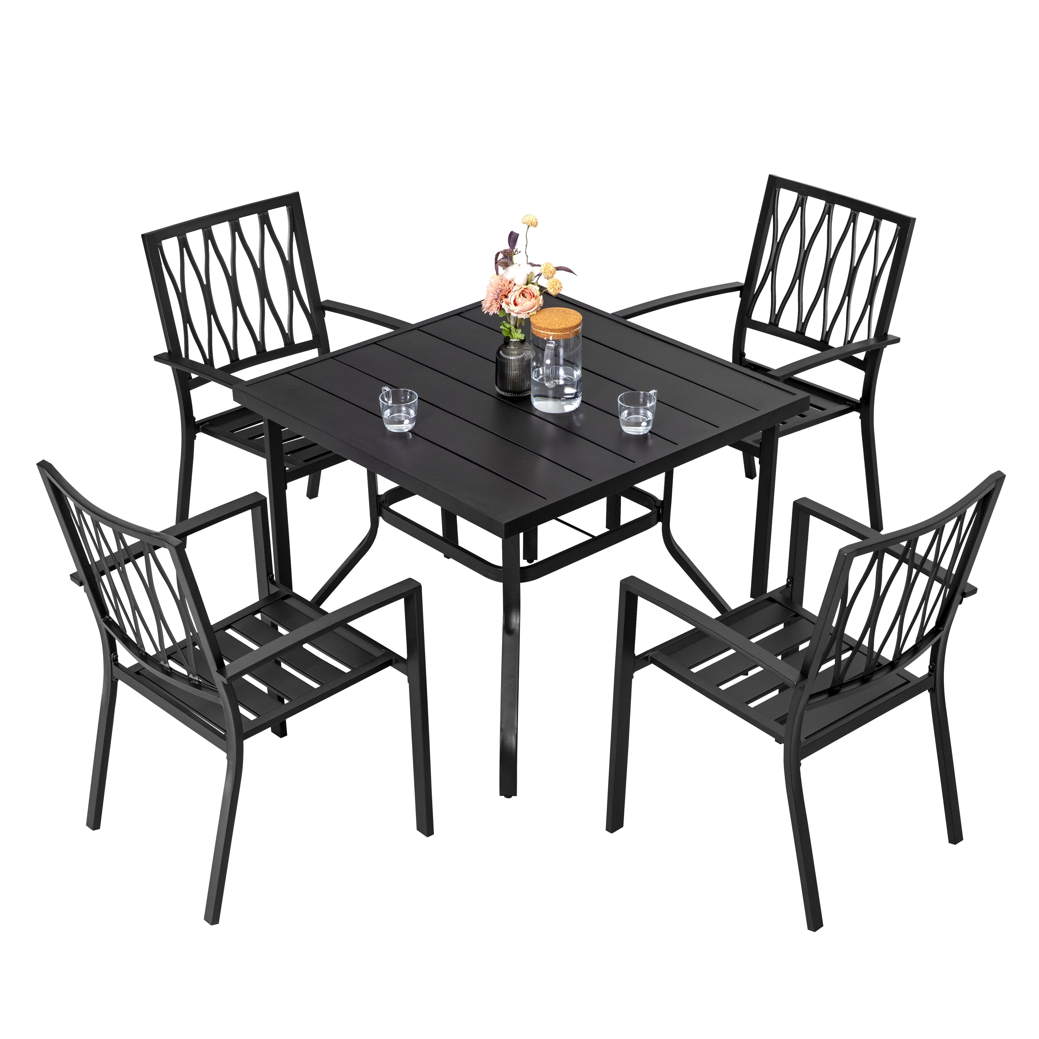 Modern Black Iron 5-Piece Outdoor Dining Set with Square Table