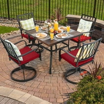 Nuu Garden 5 Piece Outdoor Patio Metal Dining Set,Furniture Set for 4 Cushioned Swivel Chairs and 37" Square Iron Umbrella Dining Table,Black and Red Cushion