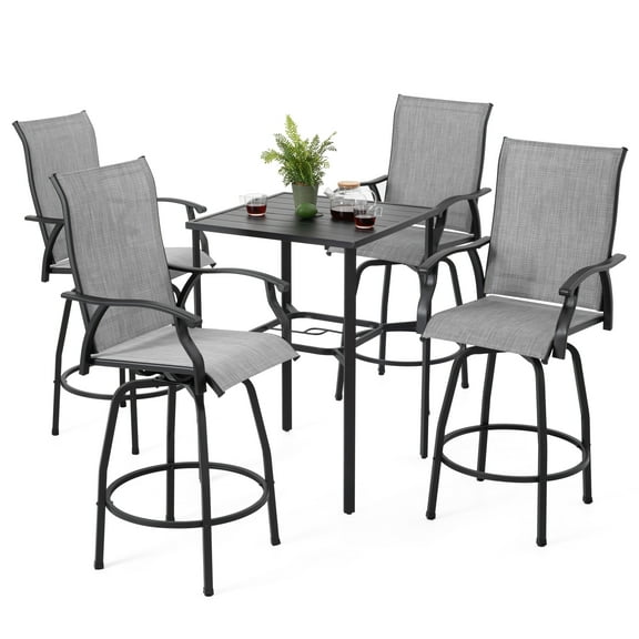 Nuu Garden 5-Piece Outdoor Patio Swivel Bar Set, 4 All-Weather Textilene High Bistro Stools, 28" Square Bar Table with Slatted Tabletop and 1.7" Umbrella Hole, Gray and Black