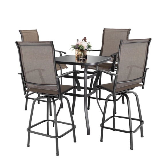 Nuu Garden 5-Piece Outdoor Dining Set, Patio Swivel Bar Stool, 4 High-Back Height Chairs with 1 Tempered Glass Table, All-Weather Textilene, Brown