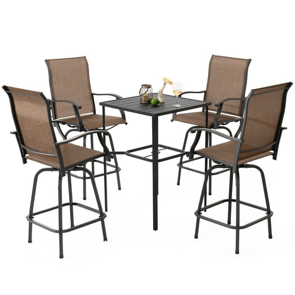 Nuu Garden 5-Piece Outdoor Swivel Bar Set, All Weather Patio High Bar Stool Bistro Set with 4 Textilene Height Back Bar Chairs and Slatted Metal 28'' Bar Table with Umbrella Hole, Black and Brown