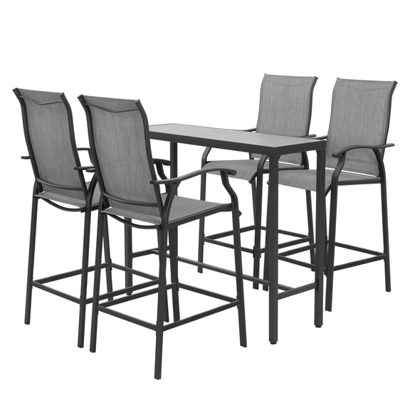 Nuu Garden 5-Piece Patio Bar Set, All-Weather Textilene Fabric, Outdoor 3D-Print Tempered Glass High Bar Table Set with 4 Bar Stools for Home, Backyard, Garden, Lawn, Porch, Gray and Black