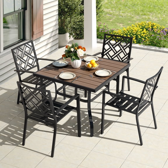 Nuu Garden 5-Piece Patio Dining Set for 4, 37" Square Table with Umbrella Hole and Faux Wood Top, 4 Stackable Chairs, Powder-Coated Metal Outdoor Table and Chairs Set for Lawn Backyard and Deck, Blac