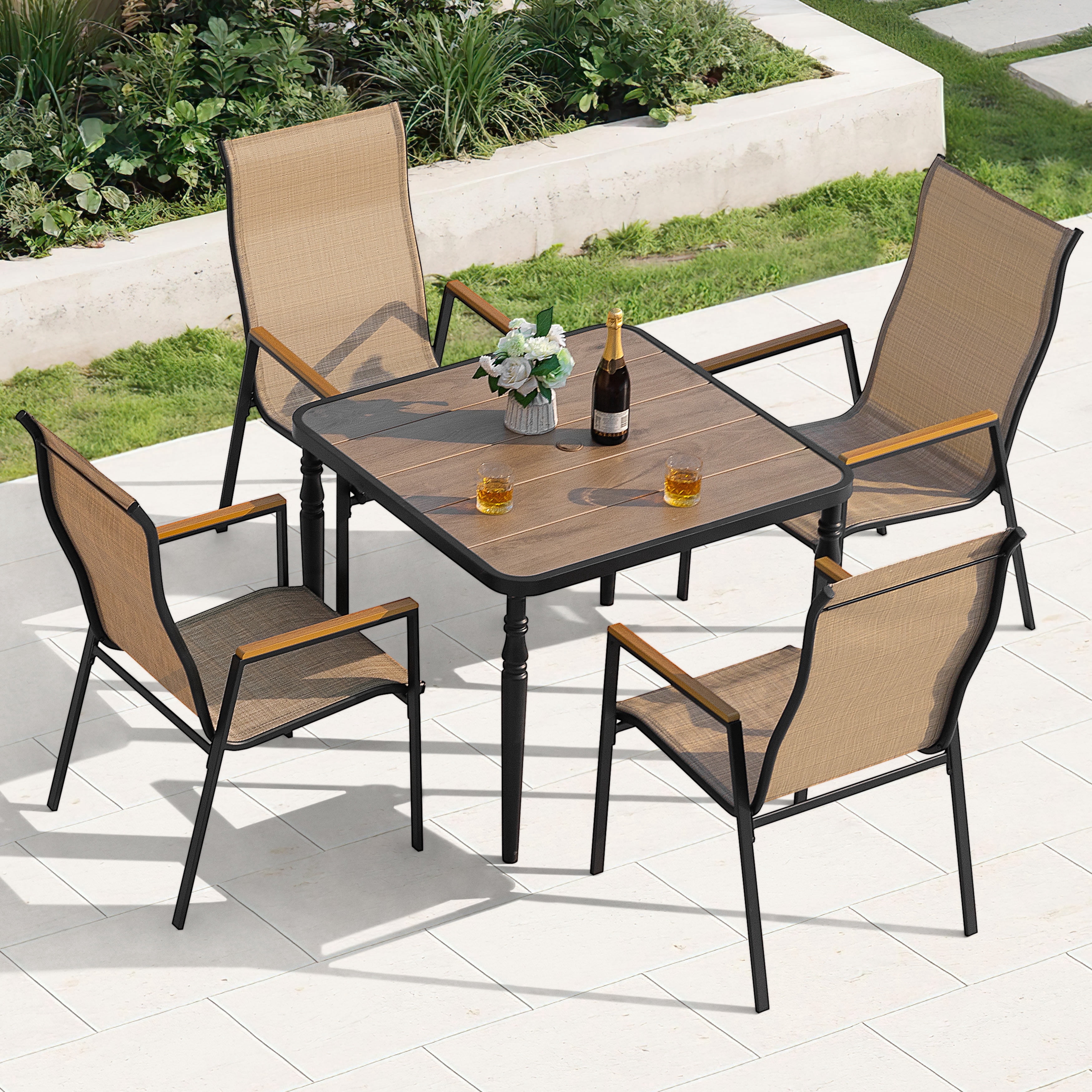 faux wood dining set patio umbrella Nuu Garden 5-Piece Patio Dining Set for 4, Outdoor Dining Set with  Textilene Stackable Patio Dining Chairs with Faux Wood Armrests, Wood-Grain  Dining