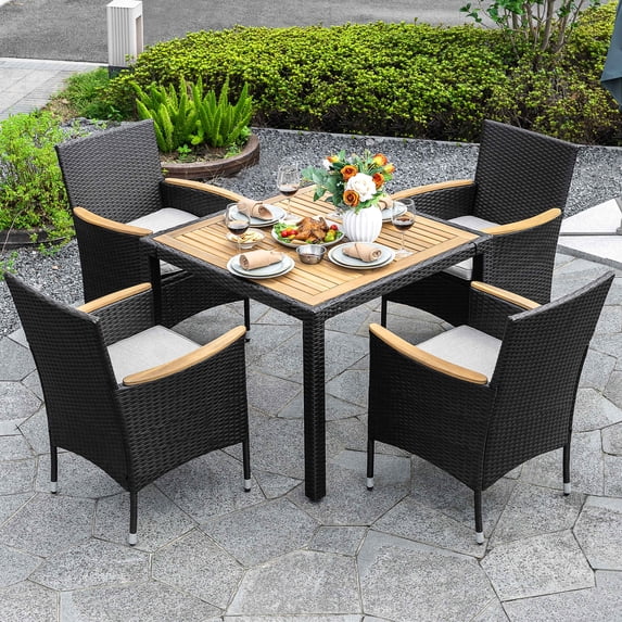 Nuu Garden 5-Piece Patio Dining Set, Acacia Wood Wicker Outdoor Dining Set with Patio Dining Chairs with Cushions, All Weather Patio Furniture Set for Balcony, Poolside and Garden, Black