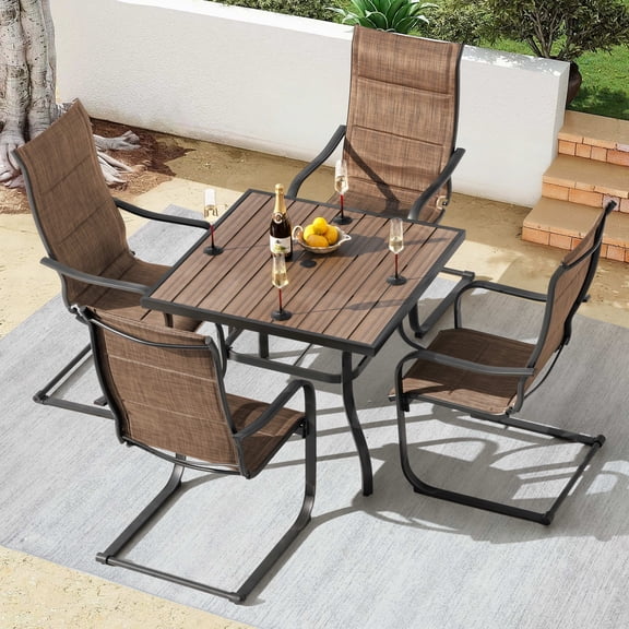 Nuu Garden 5-Piece Patio Dining Set with Faux Wood Top and Padded Textilene C-Spring Chairs, Patio Table and Chairs Set with Umbrella Hole, Patio Furniture Set for Backyard, Poolside, Black and Brown