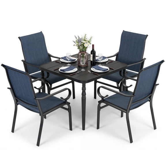 Nuu Garden 5-Piece Patio Dining Set, Outdoor Dining Table Set, Patio Furniture Set, Metal Dining Table with Umbrella Hole, 4 High Back Textilene Chairs for Porch Deck Yard Balcony, Black and Blue