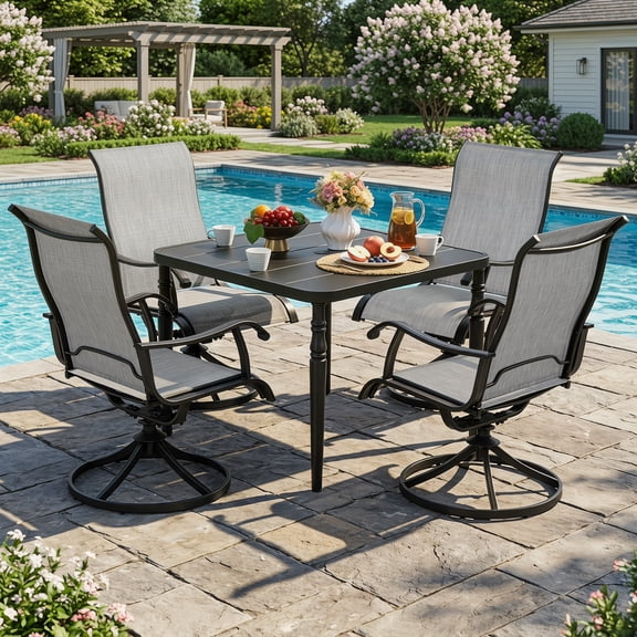 Nuu Garden 5-Piece Patio Dining Set with Umbrella Hole, Patio Table and Chair Set for 4, All-Weather Textilene Outdoor Furniture with Galvanized Metal Frame, Swivel Design, Black and Light Gray