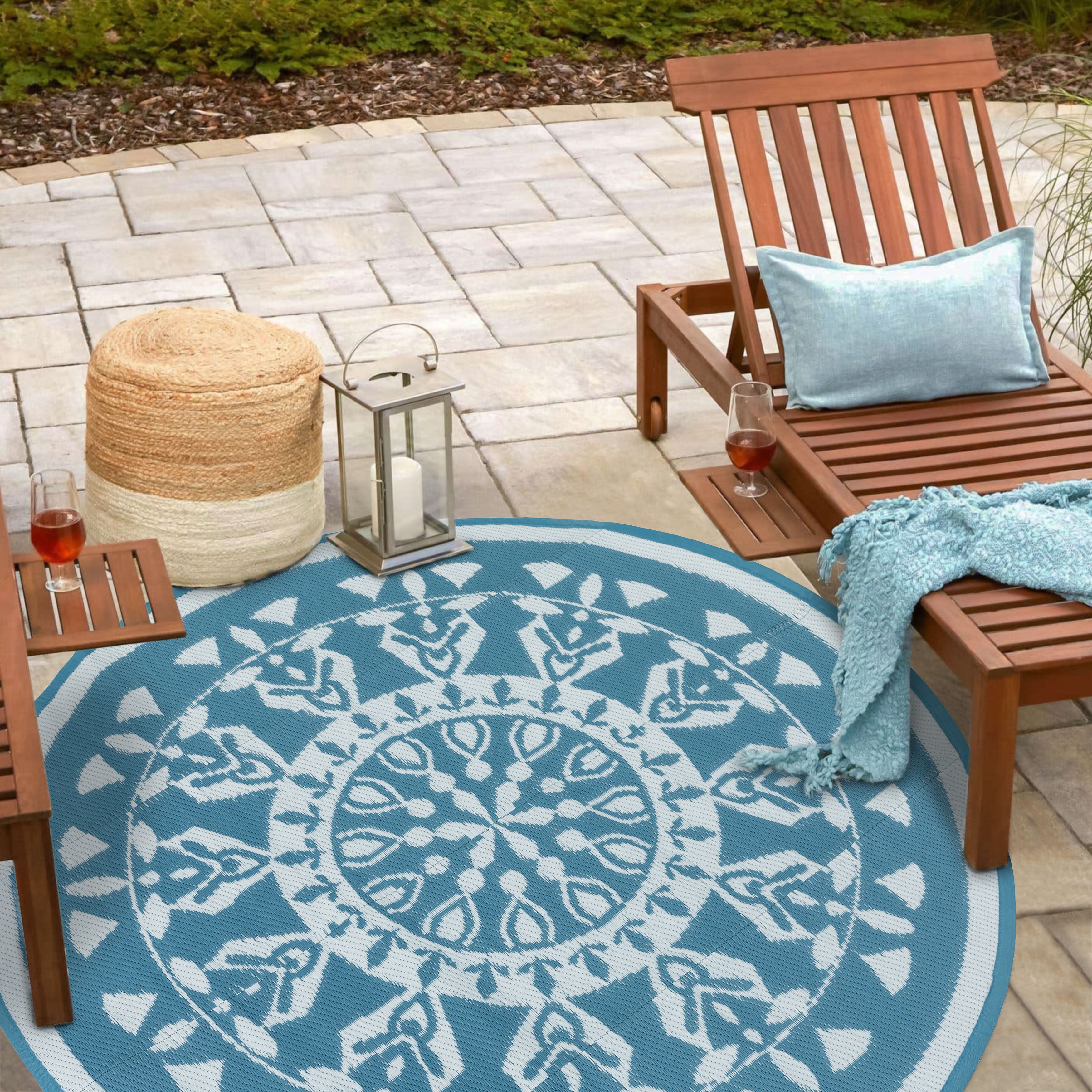Nuu Garden 5'x5' Round Outdoor Rug for Patios Waterproof, Plaid ...