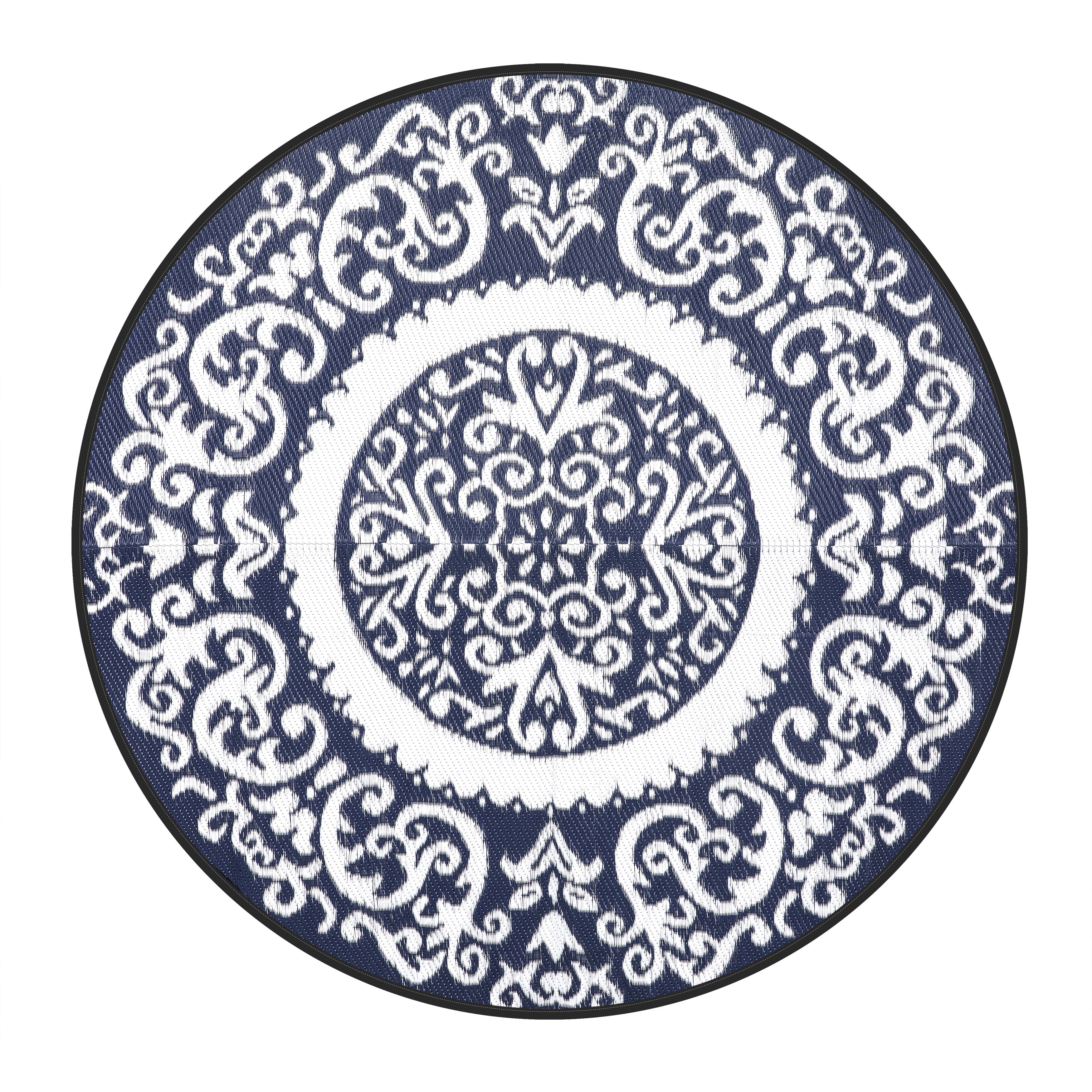 Nuu Garden 5'x5' Round Outdoor Rug for Patios Waterproof, Plaid Reversible Door Mat Plastic Camping Rugs, Straw Rug Indoor Rugs Carpet for Balcony, Porch, Picnic, Beach, Home, Blue / White