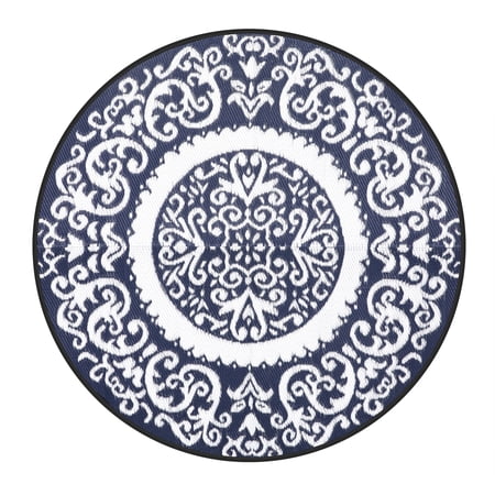 Nuu Garden 5'x5' Round Outdoor Rug for Patios Waterproof, Plaid Reversible Door Mat Plastic Camping Rugs, Straw Rug Indoor Rugs Carpet for Balcony, Porch, Picnic, Beach, Home, Blue / White