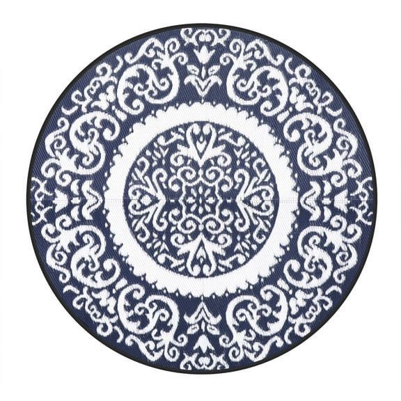 Nuu Garden 5'x5' Round Outdoor Rug for Patios Waterproof, Plaid Reversible Door Mat Plastic Camping Rugs, Straw Rug Indoor Rugs Carpet for Balcony, Porch, Picnic, Beach, Home, Blue / White