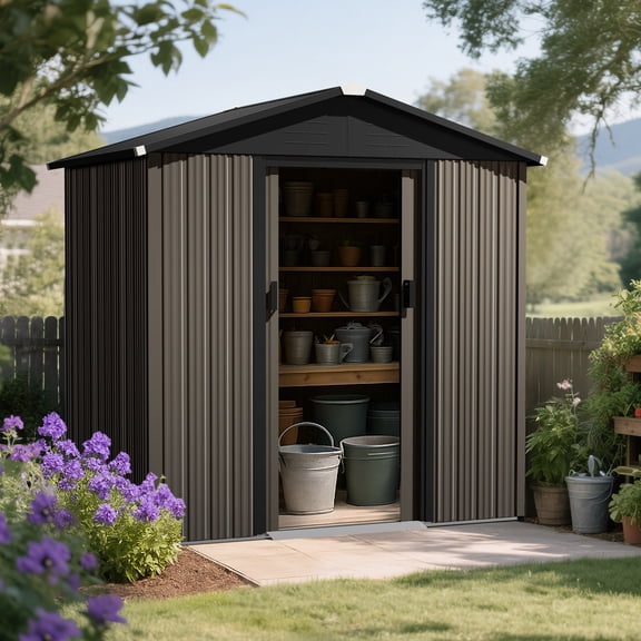 Nuu Garden 6 x 4 FT Garden Storage Shed with Sliding Doors, Galvanized Sheet Tool Shed with Sloping Roof, Anti-Corrosion Garden Shed with Air Vents for Backyard Patio Lawn, Black and Brown