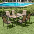 thumbnail image 1 of Nuu Garden 7-Piece All-Weather Outdoor Dining Set, 61” x 37” Large Rectangle Metal Dining Table with Wood-Grain Tabletop & 6 Ergonomic Textilene Chairs, with Umbrella Hole, Black and Brown, 1 of 10