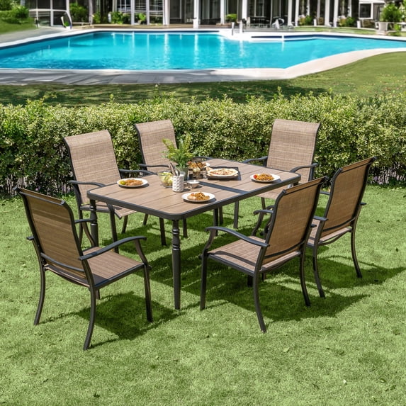 Nuu Garden 7-Piece All-Weather Outdoor Dining Set, 61” x 37” Large Rectangle Metal Dining Table with Wood-Grain Tabletop & 6 Ergonomic Textilene Chairs, with Umbrella Hole, Black and Brown