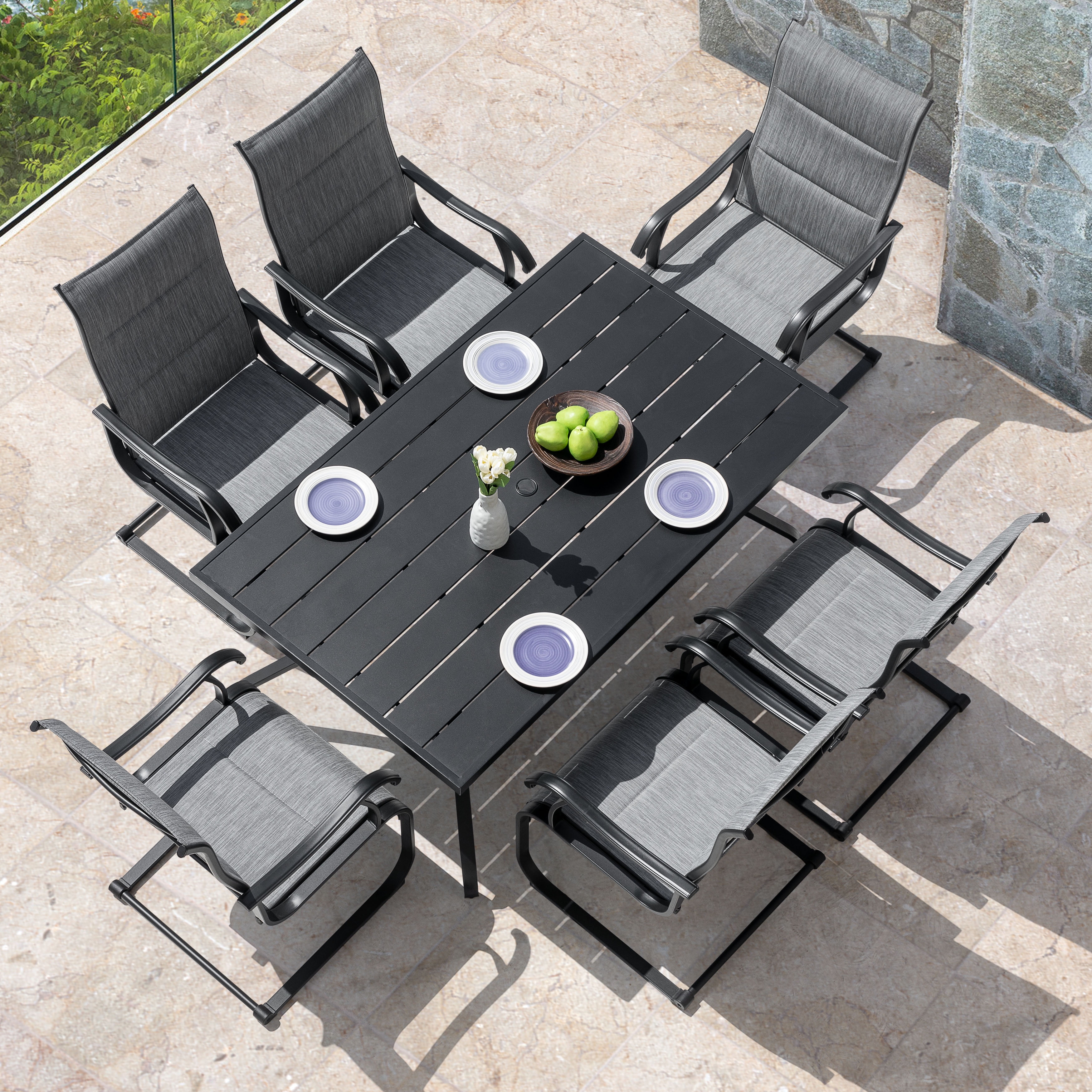 Nuu Garden 7Pc Outdoor Dining Set, 61'' Table with Umbrella Hole
