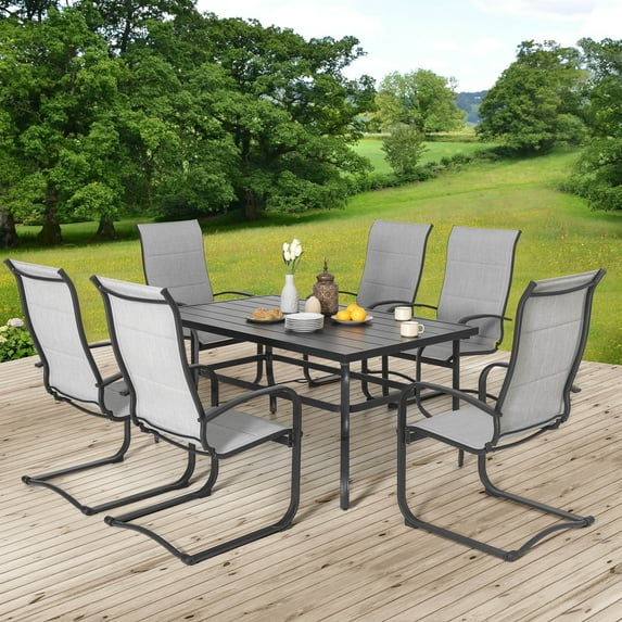 Nuu Garden 7 Piece Outdoor Dining Set, 61”Rectangular Dining Table with Umbrella Hole, Outdoor Padded Textilene Patio Chairs, Grey & Black