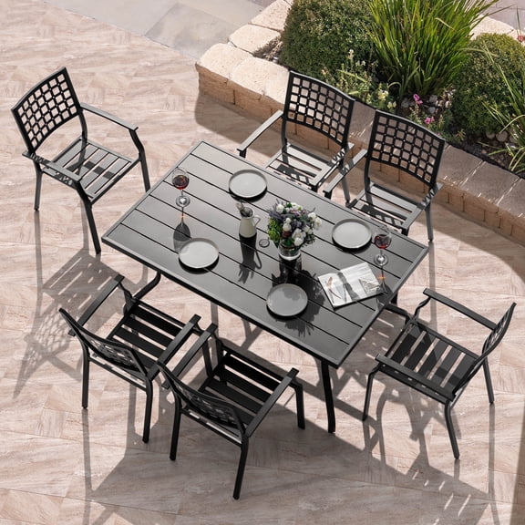 Nuu Garden 7 Piece Outdoor Dining Set, 61” Rectangular Metal Dining Table with Umbrella Hole, Stackable Dining Chairs, Black
