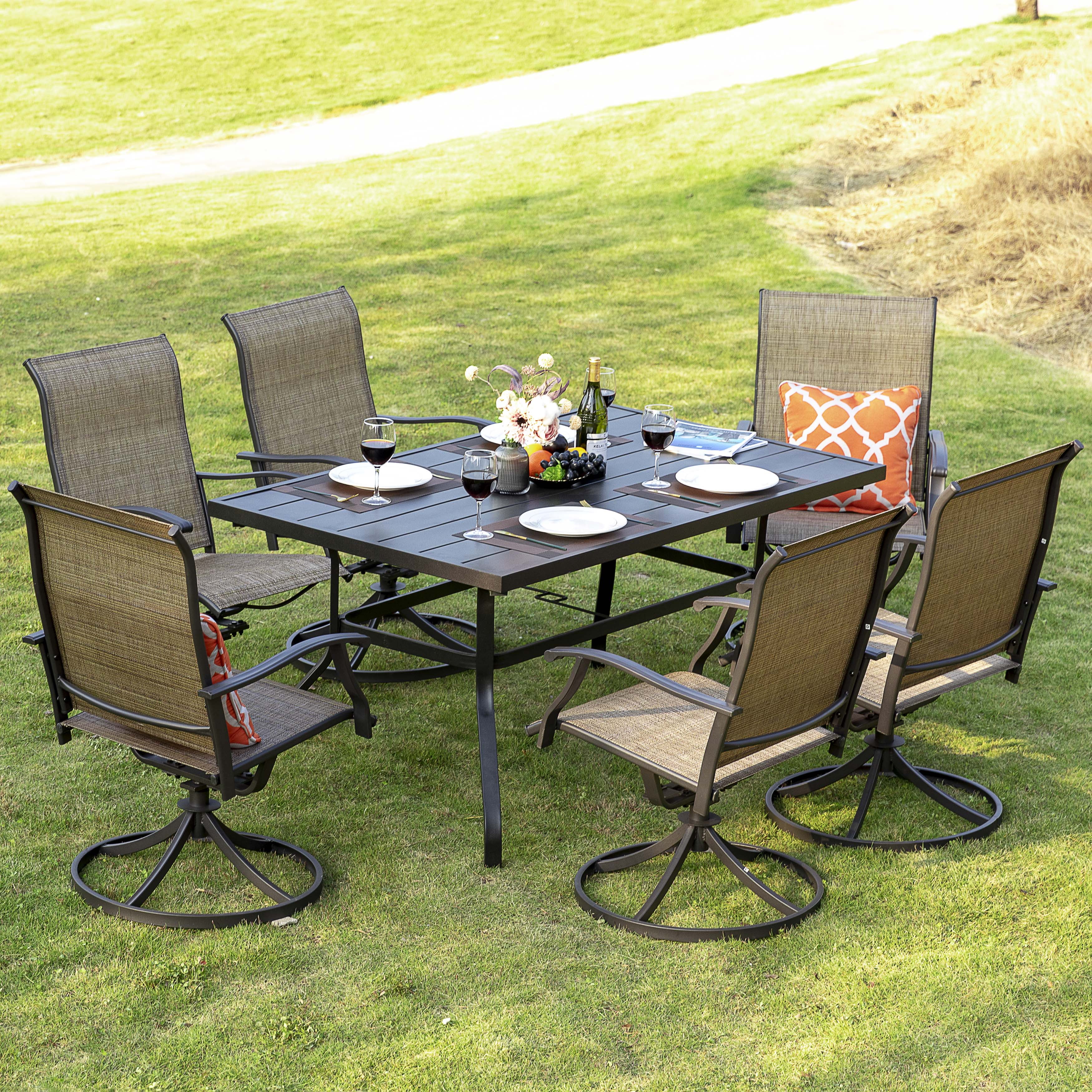 Nuu Garden 7 Piece Outdoor Dining Set Iron Patio Furniture Set 6 Swivel Patio Chairs and 1 Dining Table with 1.57 Inch Umbrella Hole for Lawn Backyard Balcony, Brown