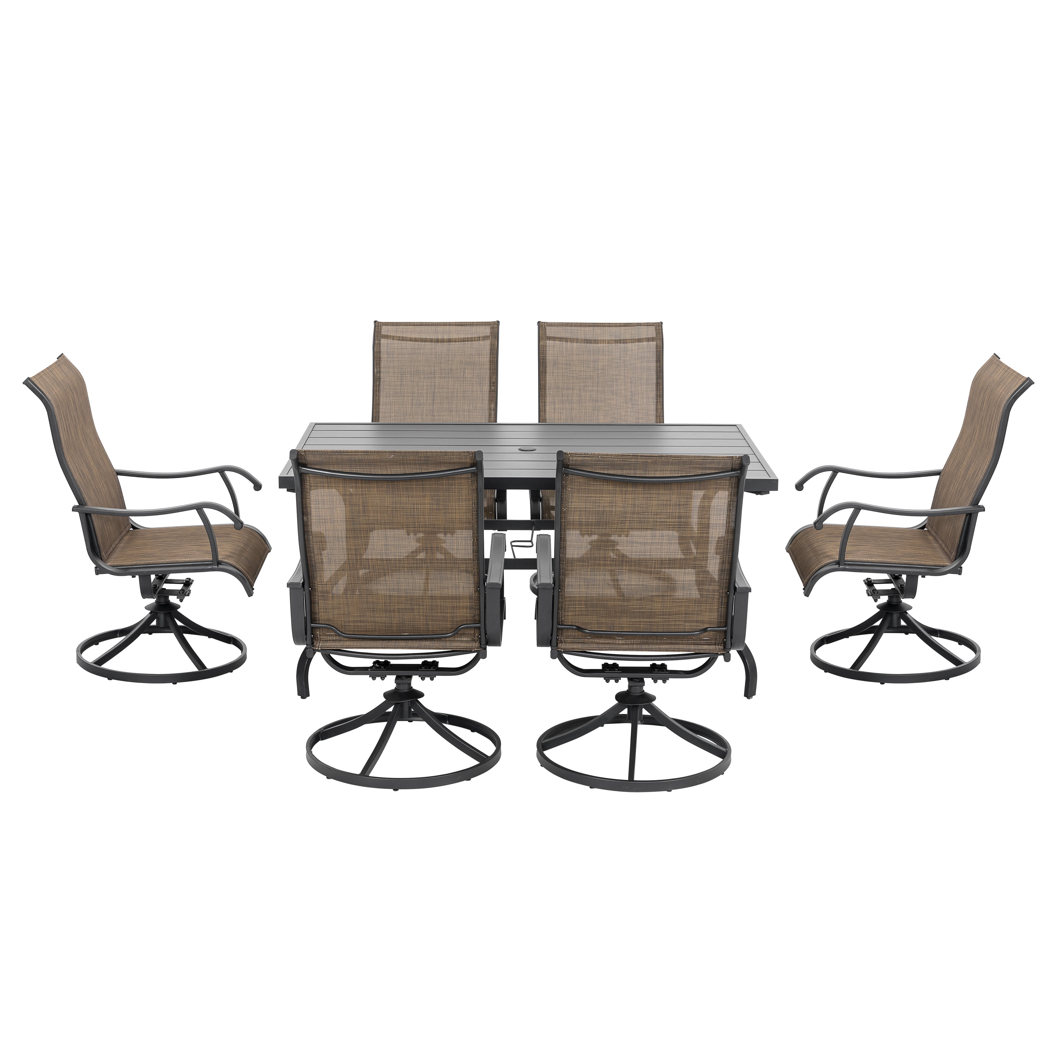 Nuu Garden 7 Piece Outdoor Dining Set Iron Patio Furniture Set 6 Swivel Patio Chairs and 1 Dining Table with 1.57 Inch Umbrella Hole, Brown