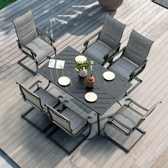 Nuu Garden 7 Piece Outdoor Dining Set, Outdoor Padded Textilene Patio Chairs and 61'' Rectangular Dining Table with Umbrella Hole, Grey & Black