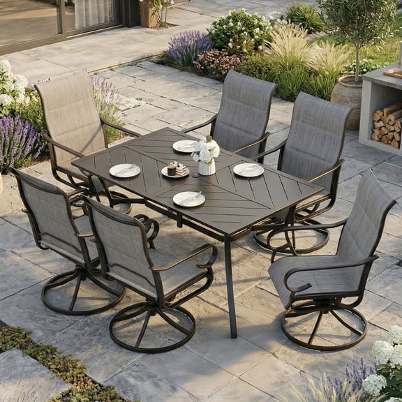 Nuu Garden 7-Piece Outdoor Dining Set, Outdoor Table and Chair Set with Umbrella Hole, Padded Textilene Dining Table Set, All Weather Outdoor Table and Chairs for 6, Swivel Design, Light Gray