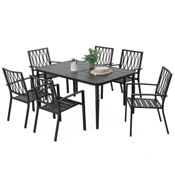 Nuu Garden 7-Piece Outdoor Metal Dining Set for 6, Weather-Resistant Patio Dining Furniture Set with Slatted Design, 61 x 37 Rectangle Dining Table with Umbrella Hole and 6 Stackable Chairs, Black