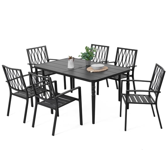 Nuu Garden 7-Piece Outdoor Metal Dining Set for 6, Weather-Resistant Patio Dining Furniture Set with Slatted Design, 61” x 37” Rectangle Dining Table with Umbrella Hole and 6 Stackable Chairs, Black