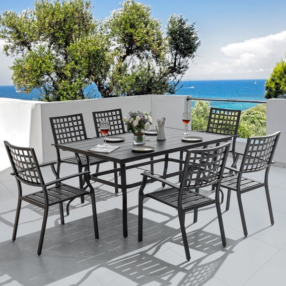 Nuu Garden 7 Piece Outdoor Dining Set, 61 Rectangular Metal Dining Table with Umbrella Hole, Stackable Dining Chairs, Black
