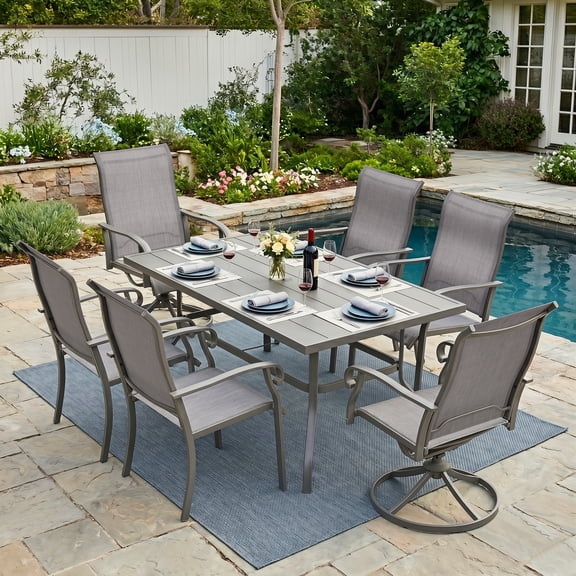 Nuu Garden 7-Piece Outdoor Patio Dining Set, Rectangular Metal Table with Umbrella Hole, All-Weather Patio Furniture Set for Garden, Poolside, Deck, Light Gray