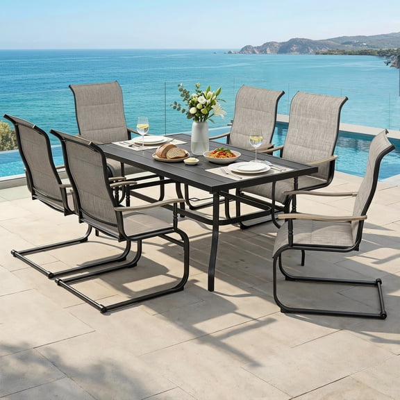 Nuu Garden 7-Piece Outdoor Patio Dining Set with Umbrella Hole and Padded Textilene Chairs, C-Spring Motion, Wood-Grain Armrests, All-Weather Patio Furniture, Grayish Brow