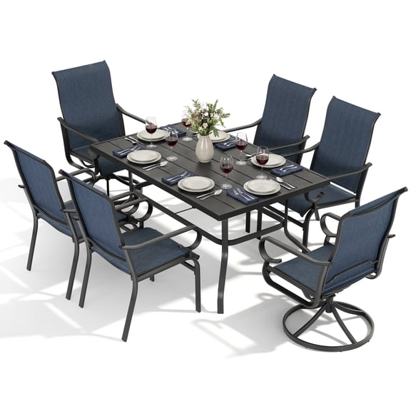 Nuu Garden 7-Piece Patio Dining Set, Metal Table, 4 Textilene Chairs, 2 Textilene Swivel Chairs, All-Weather Outdoor Furniture with Umbrella Hole for Porch Deck Backyard, Black and blue