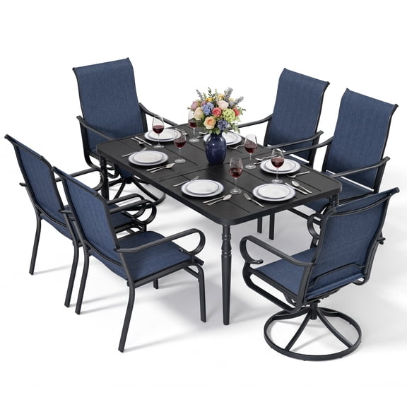 Nuu Garden 7-Piece Patio Dining Set, Rectangular Slatted Dining Table with Umbrella Hole, 4 Textilene Chairs and 2 Textilene Swivel Chairs, All-Weather Outdoor Furniture, Black and Blue