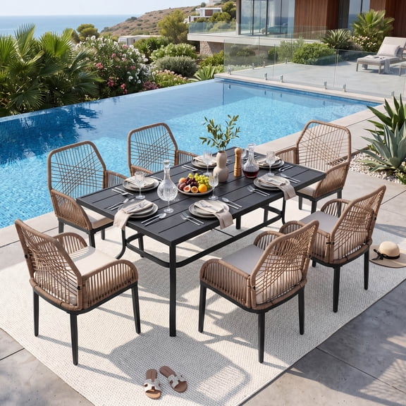 Nuu Garden 7-Piece Patio Dining Set with Umbrella Hole, Patio Table and Twisted Rattan Dining Chairs with Beige Cushions, Outdoor Table and Chairs for Backyard, Garden, Poolside, Black and Brown