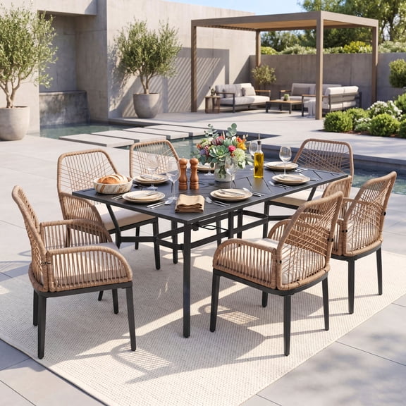 Nuu Garden 7-Piece Patio Table and Chairs with Cushions, Outdoor Dining Set for 6, Rectangular Metal Table and Rattan Chairs with Umbrella Hole for Lawn Garden Backyard Deck, Brown