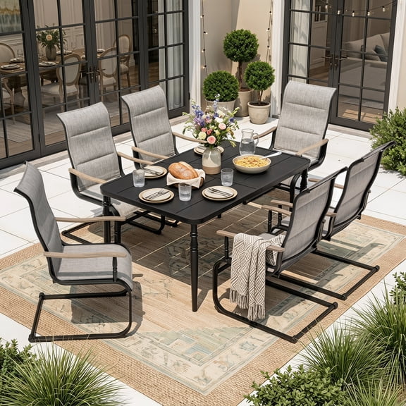 Nuu Garden 7-Piece Rectangular Patio Dining Set, Metal Table with Umbrella Hole, Padded Textilene C-spring Motion Chairs, Grayish Brown and Black